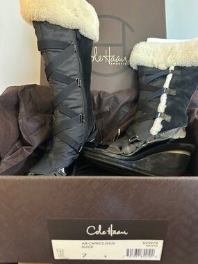 Cole Haan Black Patent and Shearling Wedge Boots